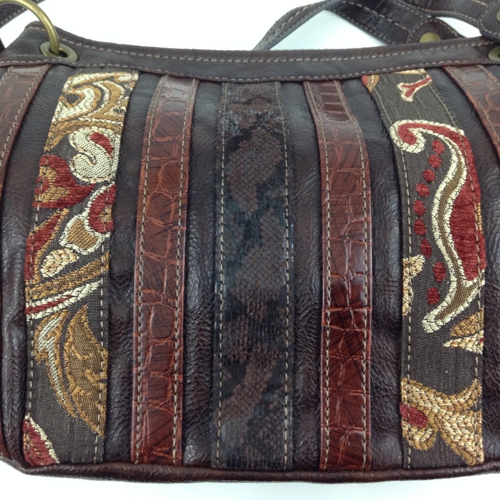 Relic Fabric Print Stripe Brown Faux Leather Bag - Picture 2 of 8
